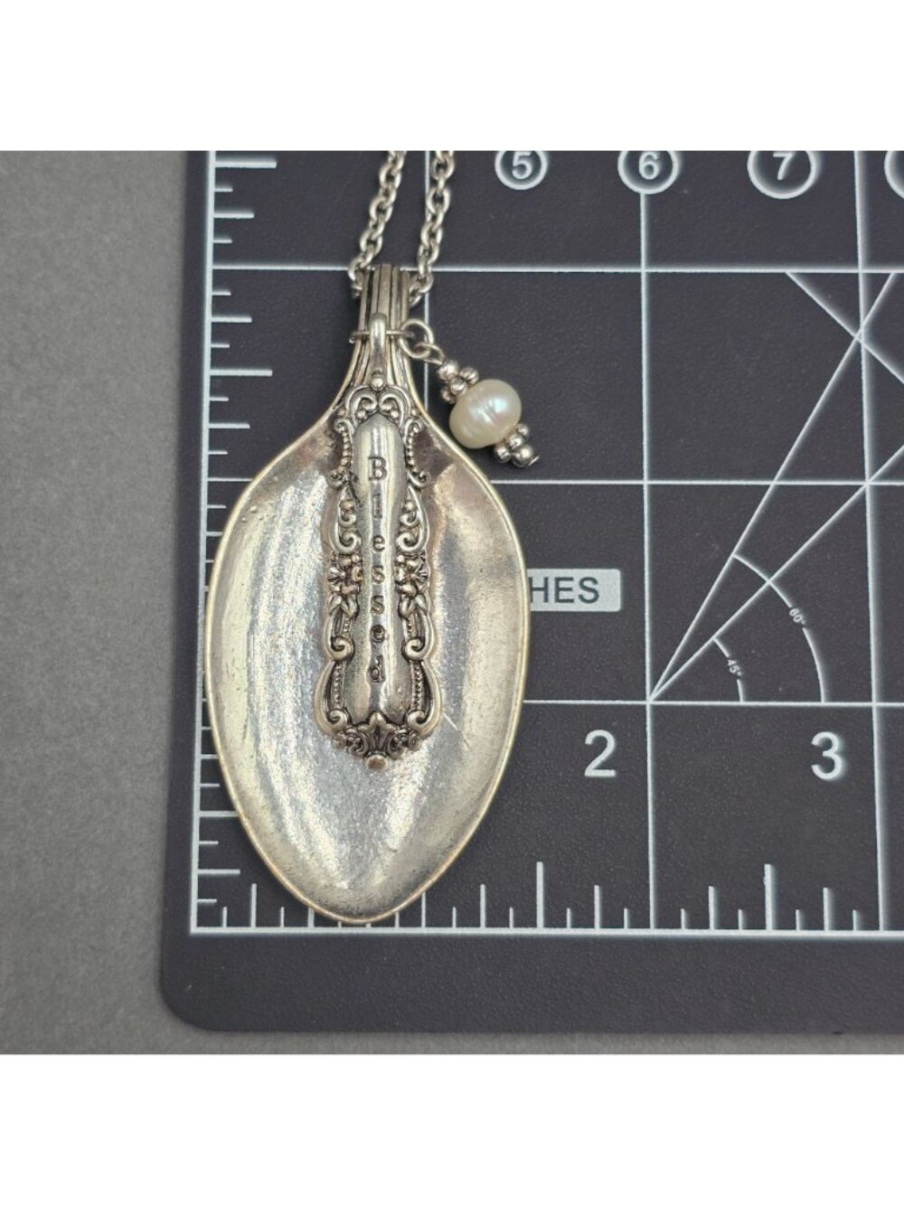 Vintage Blessed Spoon Pendant Necklace Silver Pearl Long Boho Statement Piece - Picture 16 of 16